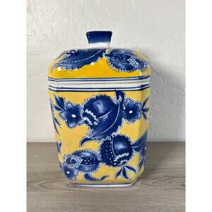 Chinese Chinoiserie-Inspired BLUE & YELLOW‎ Rectangular Lidded Canister 10" EVC